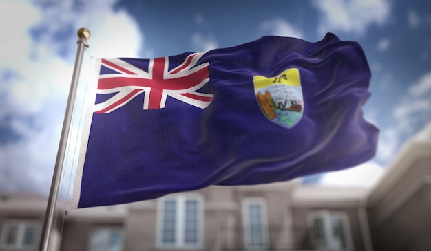 Saint Helena Flagge 3D Rendering auf blauem Himmel Gebäude Hintergrund