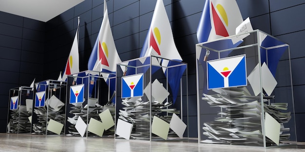 Saint Martin várias urnas e bandeiras votando conceito de eleição ilustração 3D