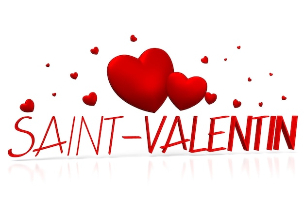 Saint Velentin Valentines en palabras francesas y corazones rojos sobre fondo blanco.