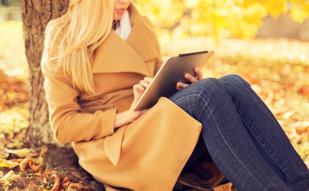 Saison-, Technologie- und Personenkonzept - junge Frau mit Tablet-PC-Computer im Herbstpark