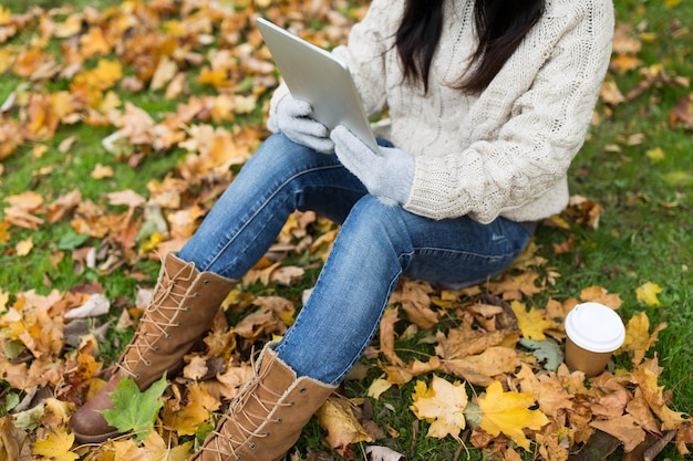 Saison-, Technologie- und Personenkonzept - junge Frau mit Tablet-PC und Kaffeetasse sitzt auf Gras im Herbstpark