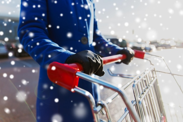 Foto saison-, verkaufs-, konsum- und menschenkonzept - nahaufnahme einer frau mit einkaufswagen auf der straße über schnee