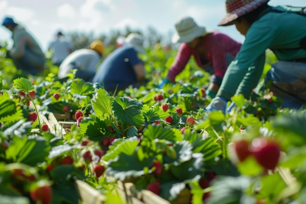 Foto saisonarbeiter ernten erdbeeren auf dem feld während der hauptsaison