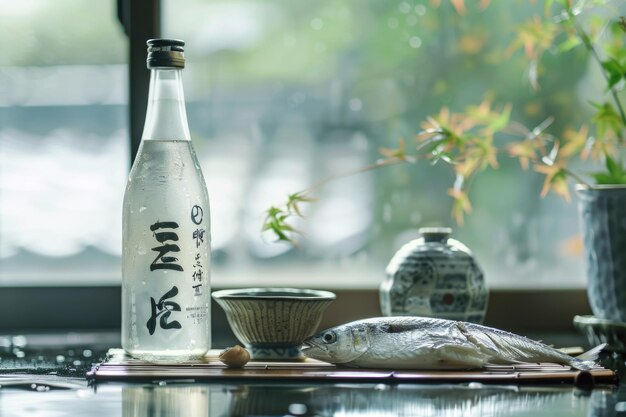 Sake japonês e saury do Pacífico