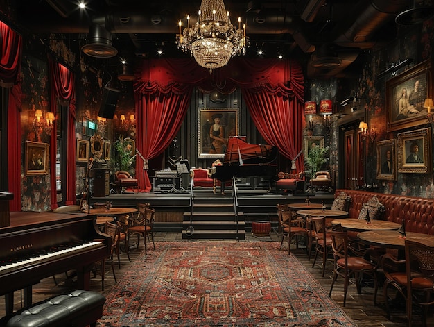 Sake speasy com um palco de jazz e decoração inspirada em flapper