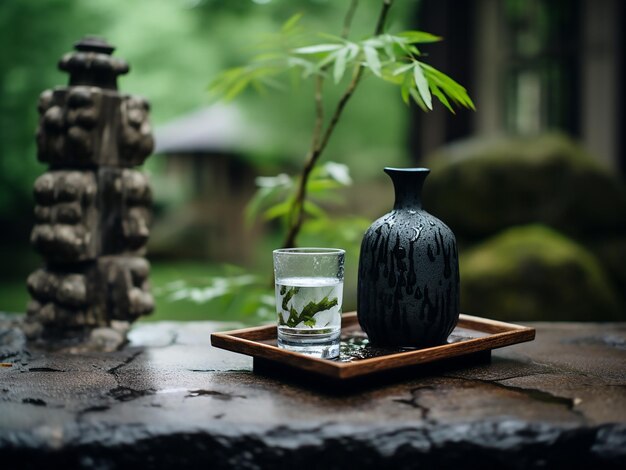 Sake trinken im ruhigen Hinterhof KI-Generation