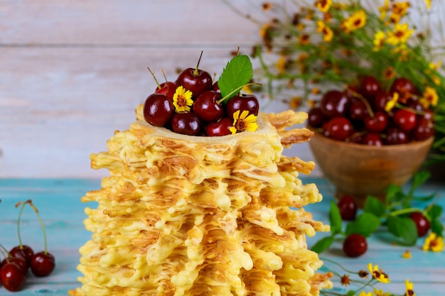 Sakotis de bizcocho lituano con cerezas frescas.