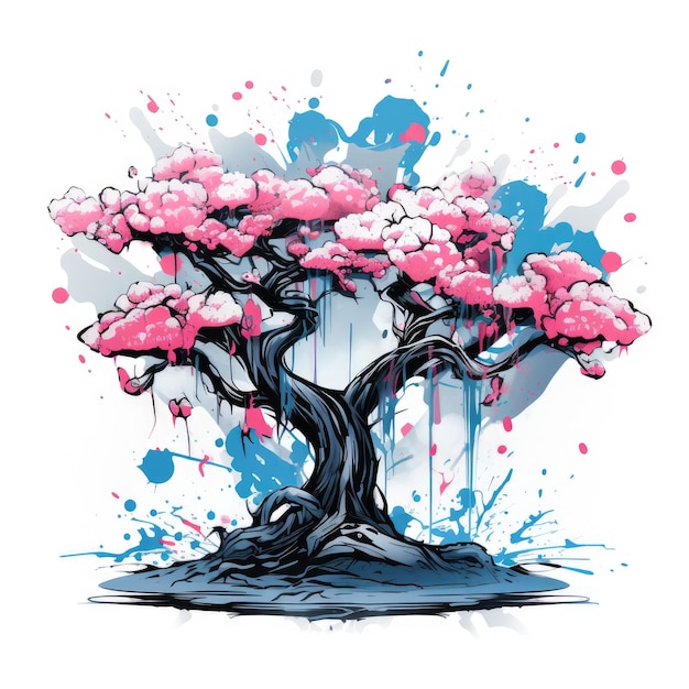 Sakura árvore cereja brincalhão ilustração esboço colagem arte expressiva clipart pintura