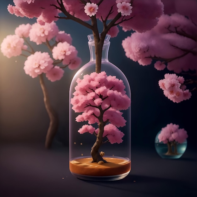 Sakura-Baum in einer Flasche, flauschiges, realistisches Design