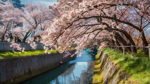 Sakura-Baum und Kanal in Japan