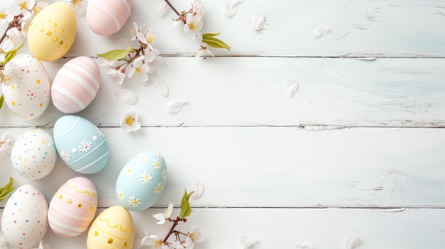 Foto sakura blüte blüte weiße frohe ostereier auf weißem holz frühlings-hintergrund