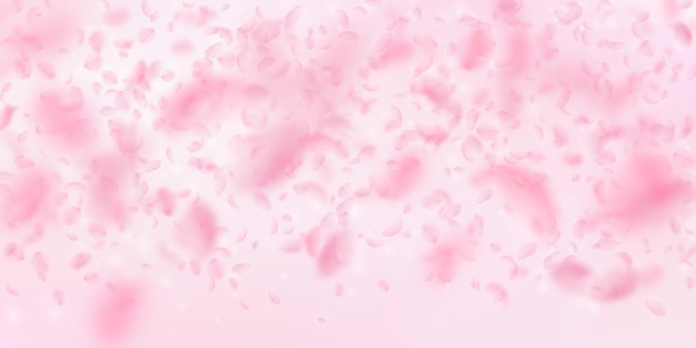 Sakura-Blütenblätter fallen herunter Romantischer rosa Blumenverlauf Fliegende Blütenblätter auf rosa breitem Hintergrund Liebesromantik-Konzept Beliebte Hochzeitseinladung