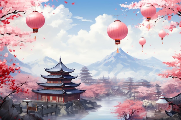 Sakura-Blume und Laterne mit Tempel- und Berghintergrundillustration