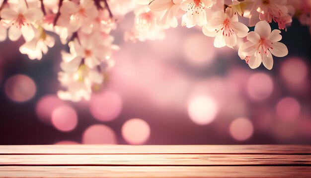 Foto sakura-blumen über einem holztisch vor einem verschwommenen frühlingshintergrund mit flachem dof und generativer ki