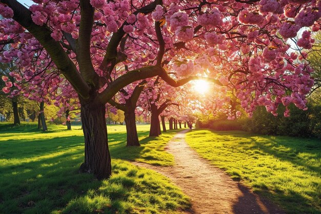 Foto sakura cereja japonesa com flores cor de rosa na primavera no prado verde