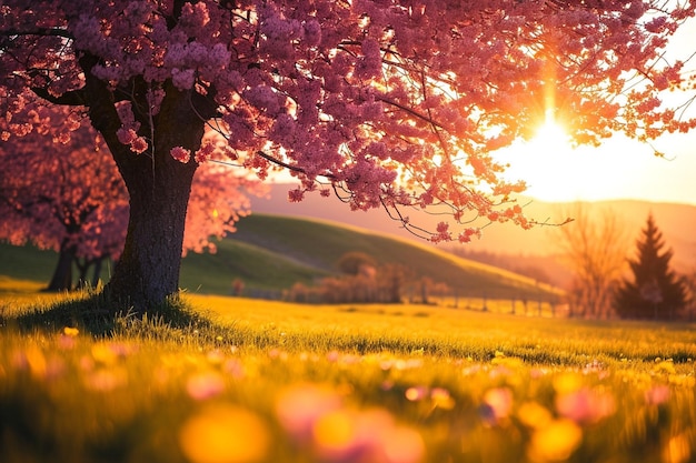 Foto sakura de cereja japonesa com flores rosa na primavera em um prado verde