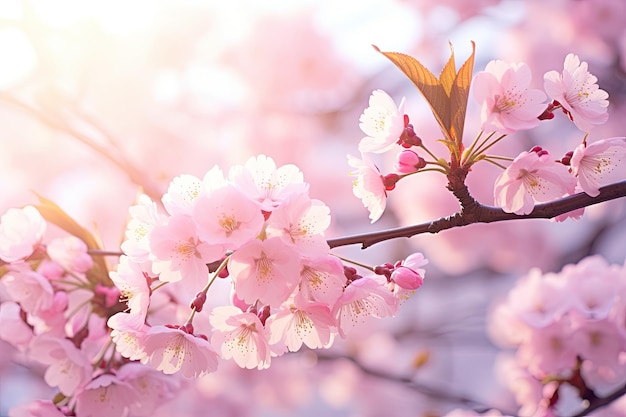 Sakura en flor de cerezo en primavera hermoso fondo de la naturaleza Sakura en flores de cereza en primavera fondo suave generado por la IA