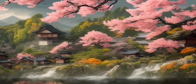 Sakura en flor y montañas Hermoso diseño de fondo de paisaje de primavera