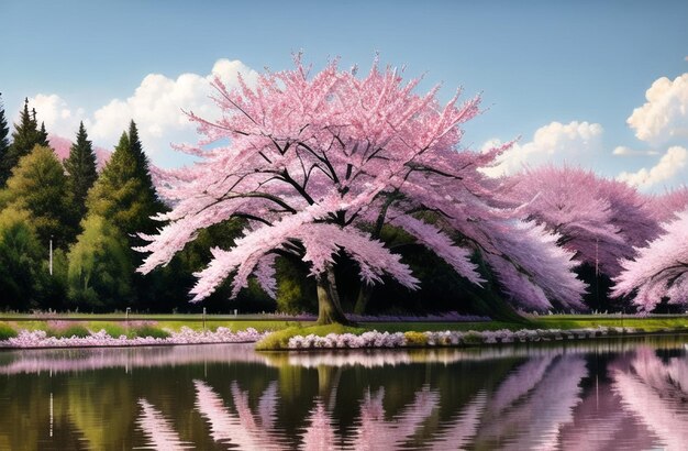 Sakura Flores de cerezo en primavera Japón Ai generó arte de pared de lienzo de paisaje de primavera