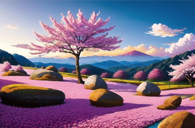 Sakura Flores de cerezo en primavera Japón Ai generó arte de pared de lienzo de paisaje de primavera