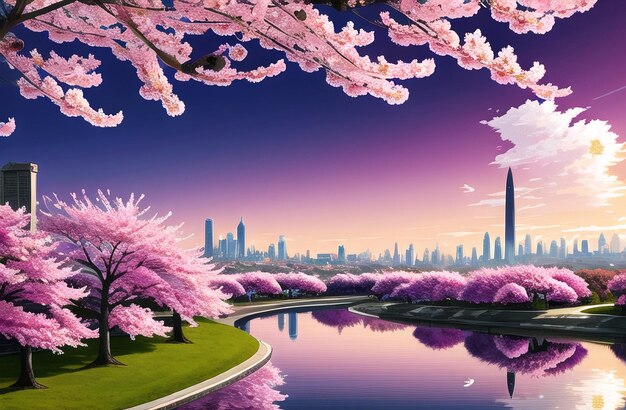 Sakura Flores de cerezo en primavera Japón Ai generó arte de pared de lienzo de paisaje de primavera