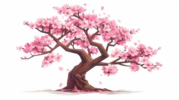 Sakura flores em galhos e tronco planta japonesa lindo elemento bonito isolado em fundo branco ilustração moderna plana