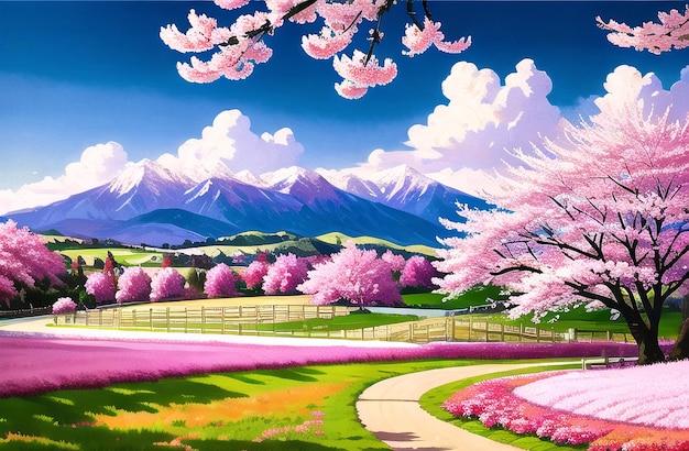 Sakura-Kirschblüten im Frühling Japan Ai erzeugte Frühlingslandschafts-Leinwand-Wandkunst