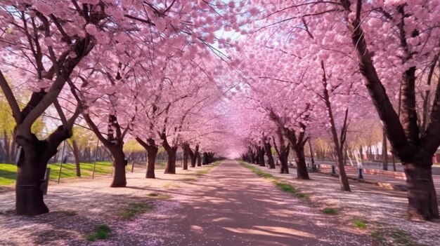 Sakura-Kirschblütenallee Wundervoller malerischer Park mit Reihen blühender Kirsch-Sakura-Bäume