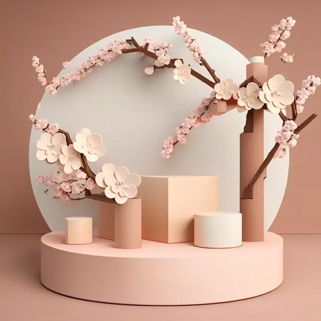Sakura Pink Flower Tree Branch auf beigem Podium, ideal für die Werbung für Kosmetik- und Schönheitsprodukte mit Spring Mock-up und Copy SpaceGenerative AI