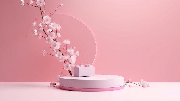 Sakura-rosa Blumen fallen auf ein Podium mit einem von der KI generierten rosa Farbton