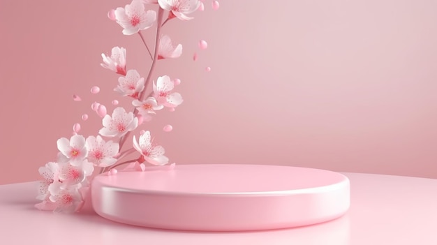 Sakura-rosa Blumen fallen auf ein Podium mit einem von der KI generierten rosa Farbton