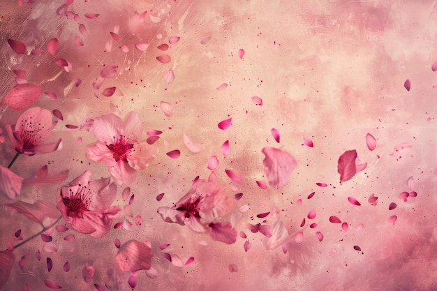 Sakura rosa voadora Pétalas de cereja caindo Flores de cereja Pintura vintage com espaço para copiar