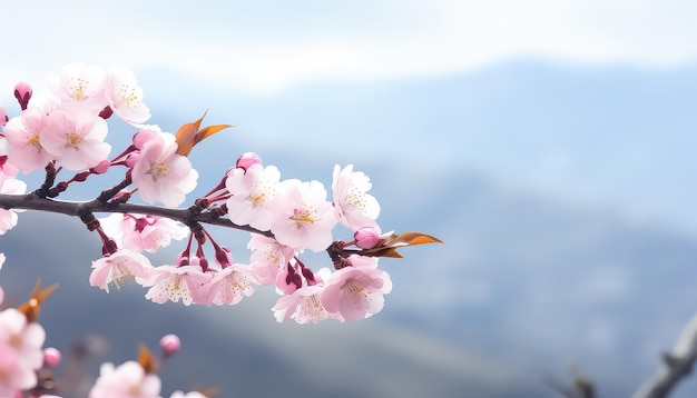 Sakura-Zweig auf dem Hintergrund des Frühlingskonzepts der Berge