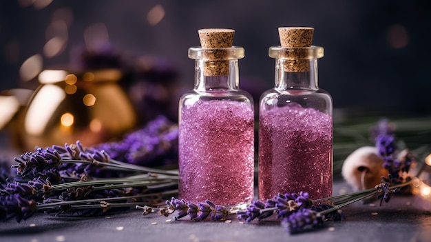 Sal de baño de lavanda y aceite de masaje en envases minimalistas generados por IA