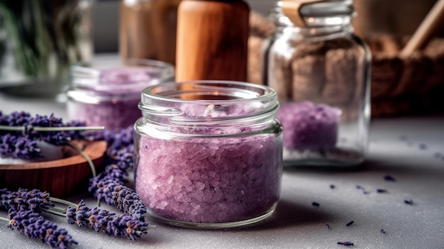 Sal de baño de lavanda y aceite de masaje en envases minimalistas generados por IA