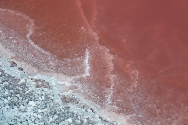 Sal curativa rosa Costa o borde del agua con sal en la orilla del lago rosa Superficie del agua