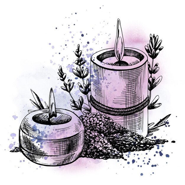 Sal marina y velas con flores de lavanda Gráfico ilustrativo dibujado a mano con manchas de acuarela y salpicaduras Composición aislada sobre un fondo blanco