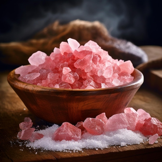 Sal de roca rosa del Himalaya en una mesa de madera