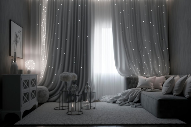 Sala 4x7 com cortinas brancas e luzes de estrelas no estilo de texturas finamente renderizadas