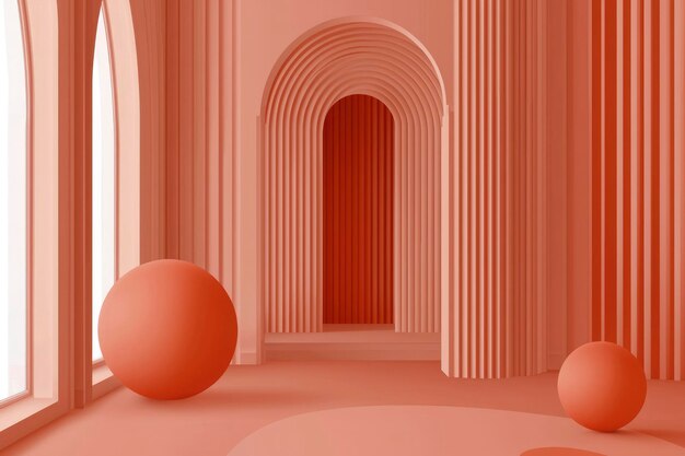 Sala abstracta con columnas de arcos y esferas en un tono de coral