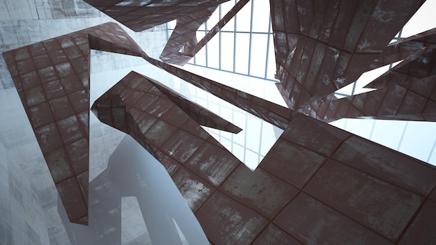 Sala abstrata vazia interior branco de folhas de metal enferrujado Fundo arquitetônico 3D