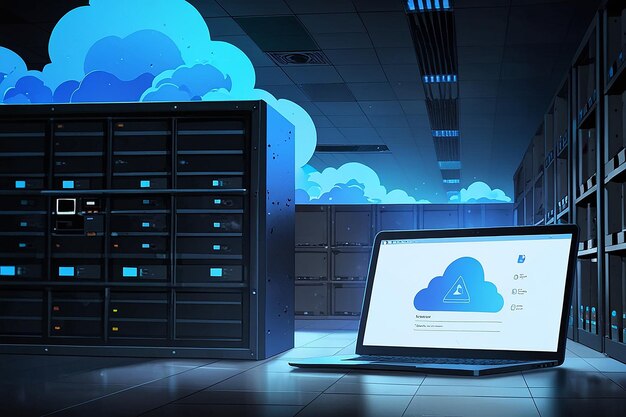 Sala de almacenamiento de archivos en la nube Servidor Centro de datos Acceso a la pantalla del portátil con formulario de inicio de sesión del usuario
