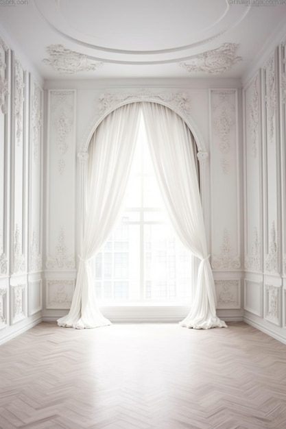 sala arafada com uma janela e uma cortina nela ai generativa