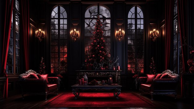 Sala arafed con un árbol de Navidad, sofás rojos y una mesa con IA generativa.