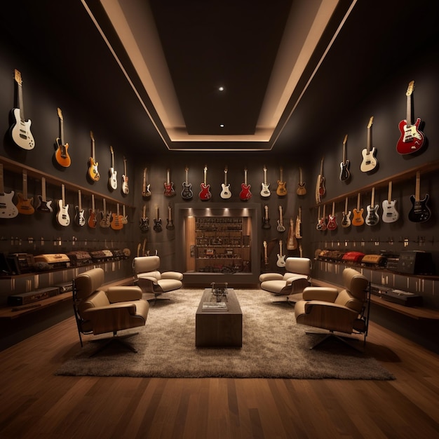 Sala Arafed com guitarras e um sofá nele generative ai