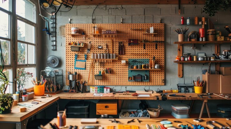 Sala de artesanía con tablero y herramientas