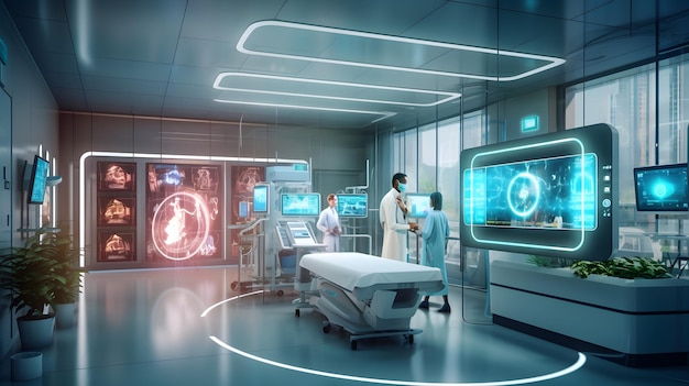 Sala de atención médica futurista en un hospital moderno generado por IA