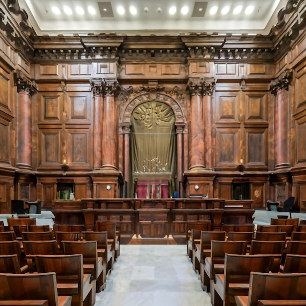 Sala de audiencias vacía al estilo americano Corte Suprema de Derecho y Justicia Juicio Stand Palacio de Justicia Antes