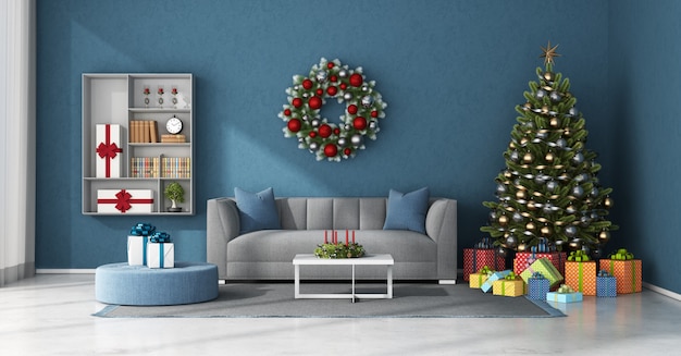 Sala azul com decoração de Natal