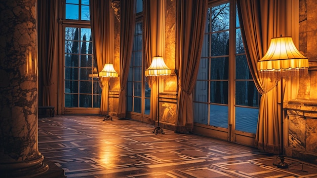 Foto sala de baile del castillo noche interior vacío de la sala del palacio con lámparas brillantes generativo ai